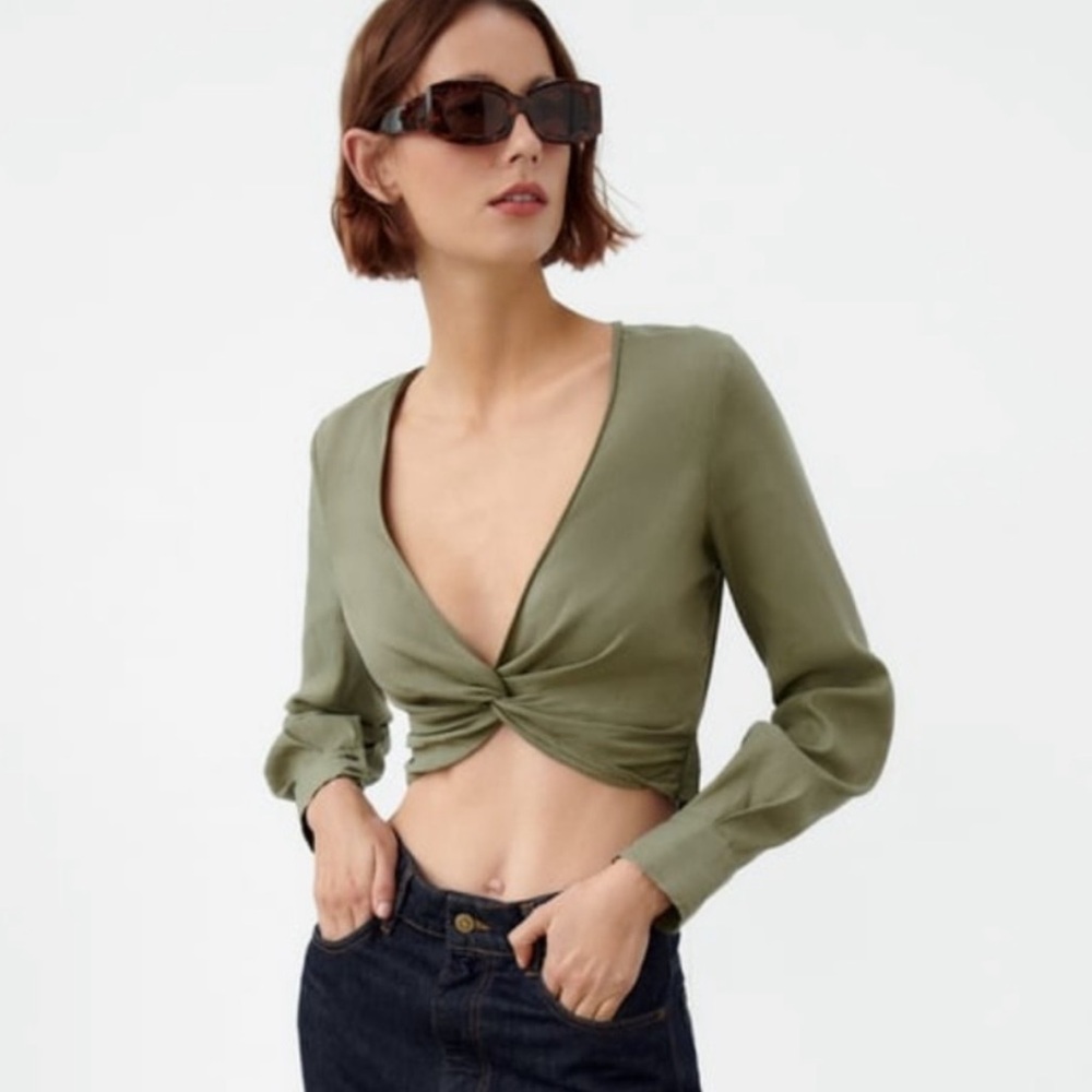 Zara Sage Green Twist Front Crop Top